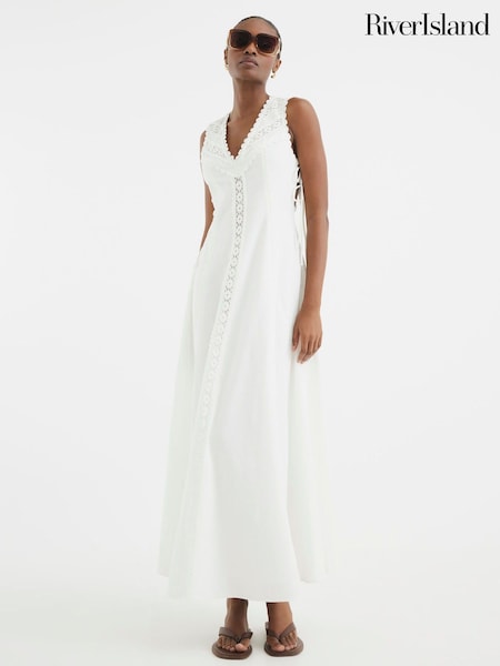 River Island White Lace Insert 100% Cotton Midi Dress (F53903) | €74