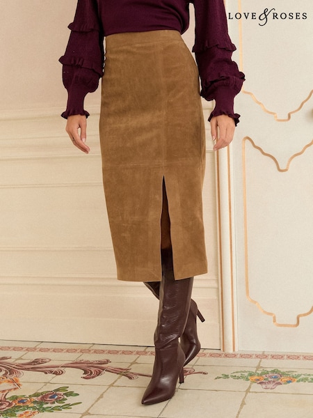 Love & Roses Tan Brown Faux Suede Slit Midi Skirt (F53978) | €60