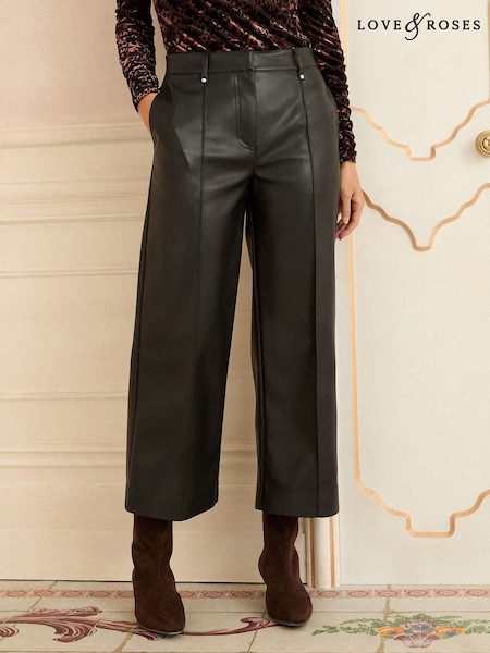 Love & Roses Black PU Wide Pintuck Crop Trousers (F53999) | €65