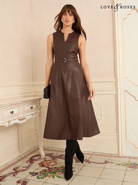 Love & Roses Faux Leather Sleeveless Belted Midi Dress (F54008) | R$ 650