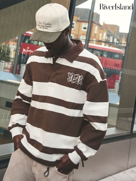 River Island Brown Stripe Open Hem Rugby 100% Cotton Hoodie (F54014) | R$ 445