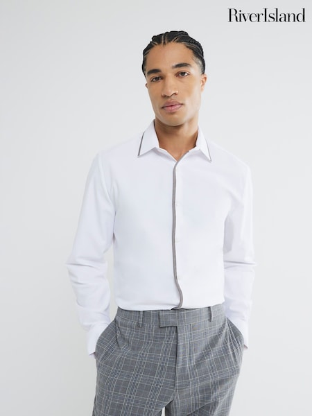 River Island White Long Sleeve Slim Fit Tipped Shirt (F54017) | kr760