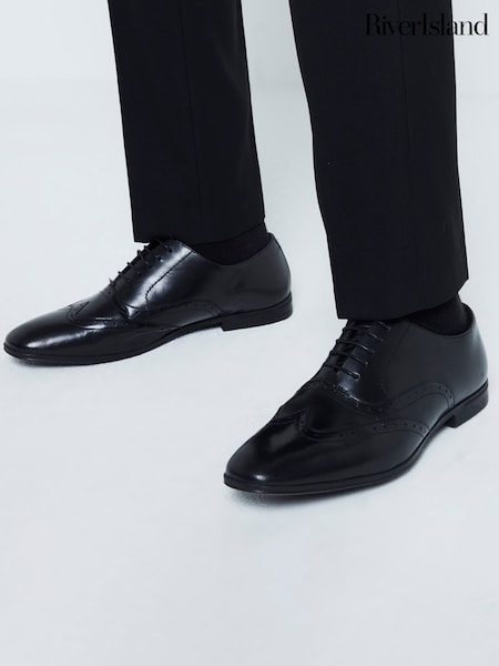 River Island Black Wide Fit Brogues Shoes (F54027) | 223 QAR