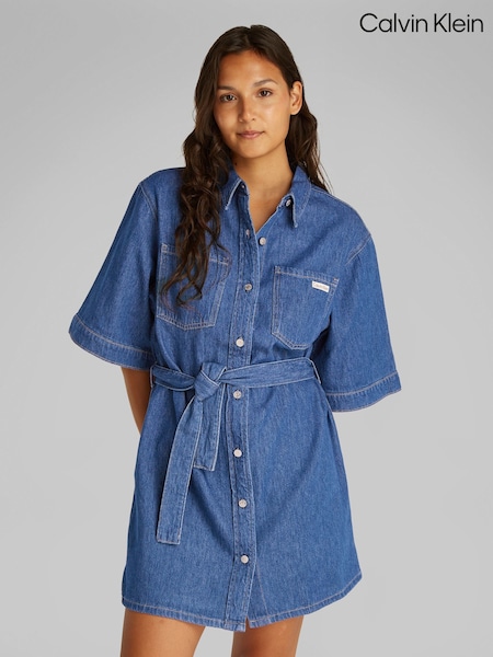 Calvin Klein Blue Boxy Linen Belted Shirt Dress (F54351) | ₪553