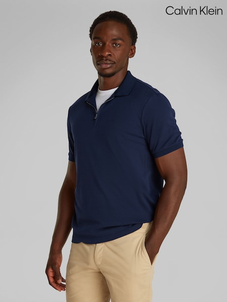 Calvin Klein Blue 100% Cotton Short Sleeve Zip Polo Shirt (F54645) | €129
