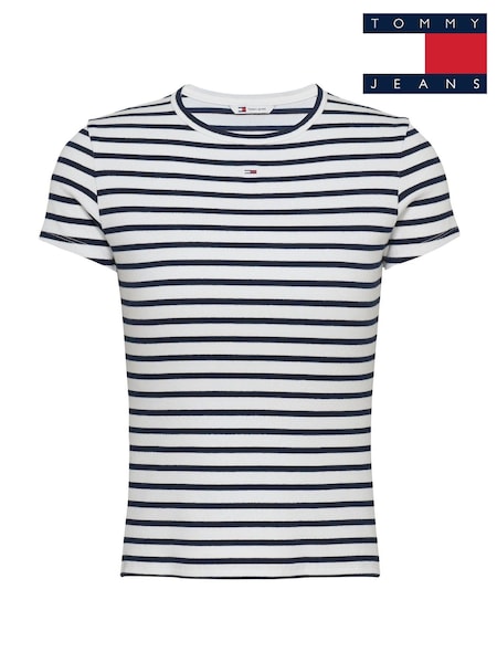 Tommy Jeans White & Navy Stripe Slim Essential Ribbed Short Sleeve T-Shirt (F54738) | €40