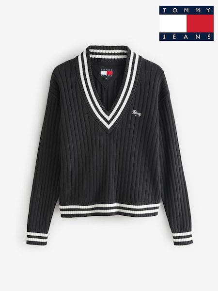 Tommy Jeans Black Script V-Neck Ribbed 100% Cotton Jumper (F54744) | kr1 356