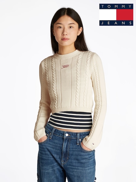 Tommy Jeans White Cable Script 100% Cotton Jumper (F54769) | €102