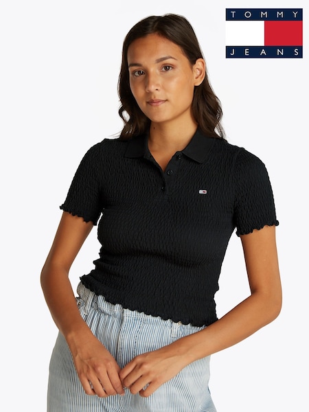 Tommy Jeans Black Slim Smock Short Sleeve Polo Shirt (F54772) | AED320
