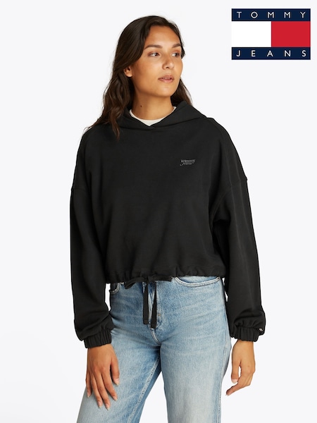 Tommy Jeans Black Cropped 100% Cotton Hoodie (F54807) | ₪402