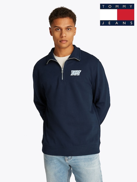Tommy Jeans Blue Regular Fit Mock Neck Quarter Zip 100% Cotton Sweatshirt (F54848) | €113