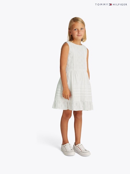 Tommy Hilfiger White Embroidered Cotton Sleeveless Flare 100% Cotton Dress (F54936) | ₪402