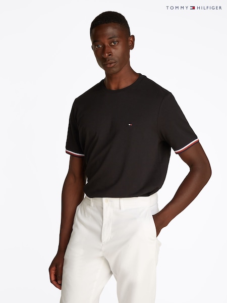 Tommy Hilfiger Black Global Stripe Cuff 100% Cotton T-Shirt (F54966) | €60