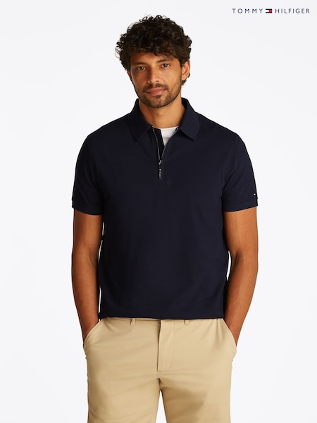 Tommy Hilfiger Blue Performance Zip Short Sleeve 100% Cotton Polo Shirt (F54973) | 445 QAR