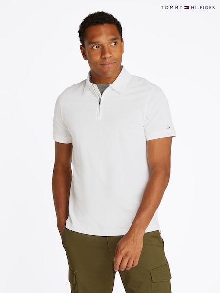 Tommy Hilfiger White Performance Zip Short Sleeve 100% Cotton Polo Shirt (F54983) | €129