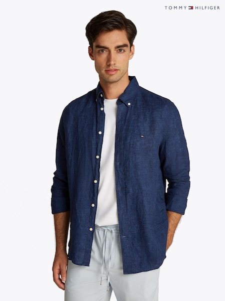 כחול  - Tommy Hilfiger 100% Linen Pigment Dyed Shirt (F55006) | ‏503‏₪