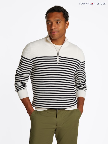 Tommy Hilfiger White Mock Neck Half Zip 100% Cotton Jumper (F55031) | R$ 1,285