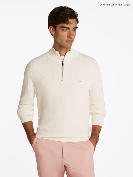 Tommy Hilfiger Cream Mock Neck Half Zip 100% Cotton Jumper (F55045) | €186