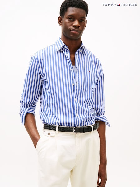 תכול - Tommy Hilfiger Regular Fit Flex Poplin Stripe 100% Cotton Shirt (F55111) | ‏427‏₪