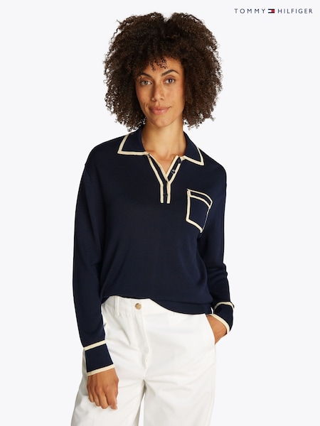 Tommy Hilfiger Blue Lyocell Silk Polo Long Sleeve Jumper (F55128) | €229