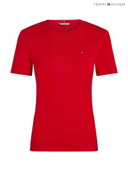 Красный - Tommy Hilfiger Slim Crew Neck Short Sleeve 100% Cotton T-Shirt (F55206) | €60