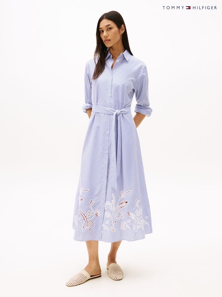 Tommy Hilfiger Blue Broderie Anglaise 100% Cotton Shirt Dress (F55247) | €294