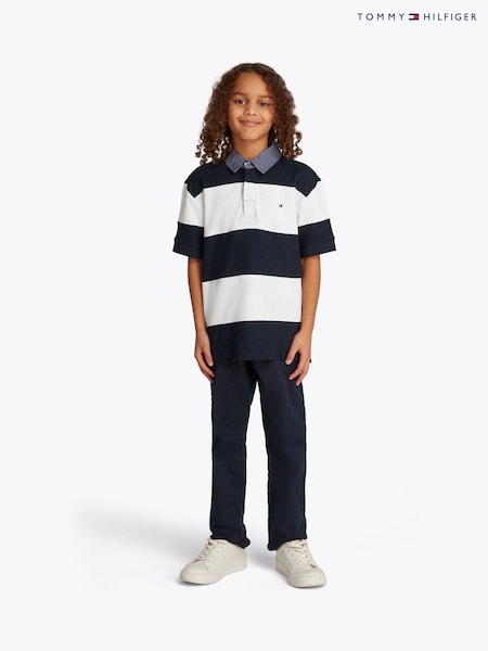 Tommy Hilfiger Blue Denim Collar Stripe Short Sleeve 100% Cotton Polo Shirt (F55337) | ₪226 - ₪277