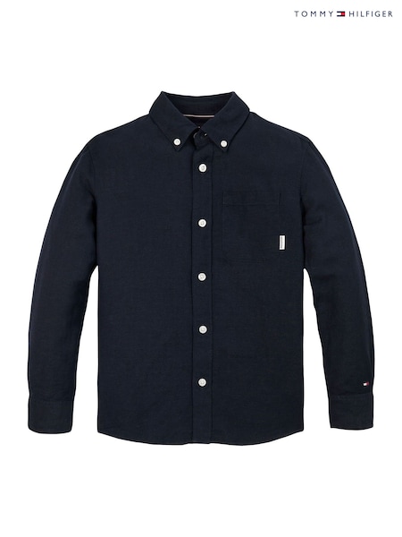 כחול  - Tommy Hilfiger Relaxed Linen Blend Long Sleeve Shirt (F55344) | ‏226‏₪ - ‏277‏ ₪