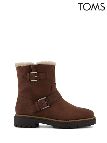 TOMS Ionie Moto Boots in Oak Brown Waxy Suede With Faux Fur (F55686) | €179