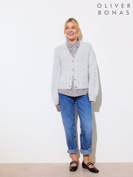 Harmaa - Oliver Bonas Pointelle V-neck Knitted Cardigan (F55838) | €95
