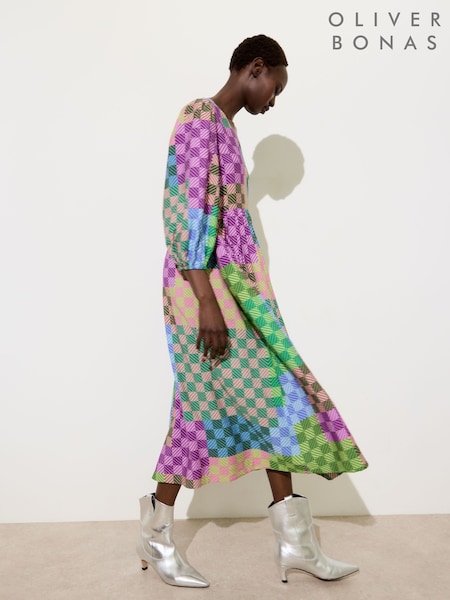 Oliver Bonas Green Checked V-Neck Midi Dress (F55860) | €102