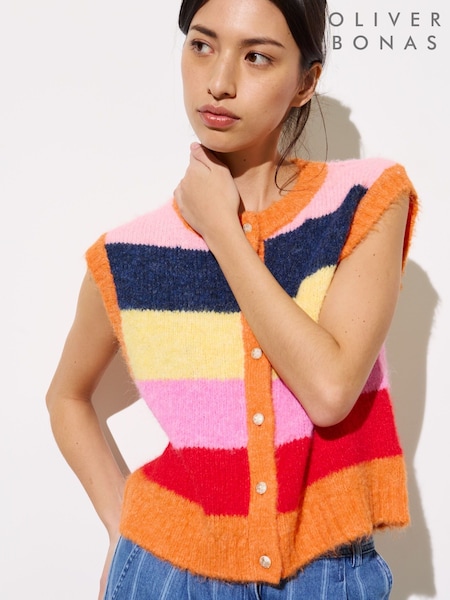 Oliver Bonas Pink Striped Fluffy Button Up Knitted Waistcoat (F55885) | 3,304 UAH