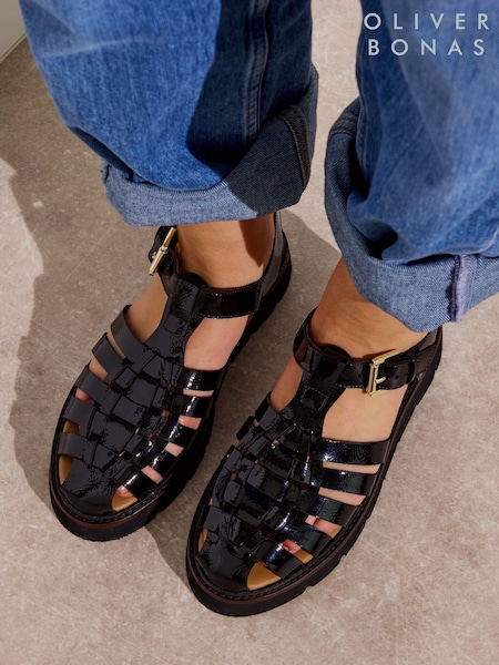 Oliver Bonas Black Patent Weave Fisherman Sandals (F55891) | ₪352