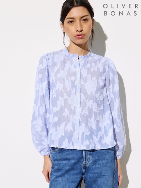 Oliver Bonas Blue Textured Floral Sheer 100% Cotton Blouse (F55895) | kr857