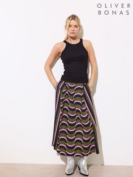 Oliver Bonas Green Wave Geometric Midi Skirt (F55914) | kr928