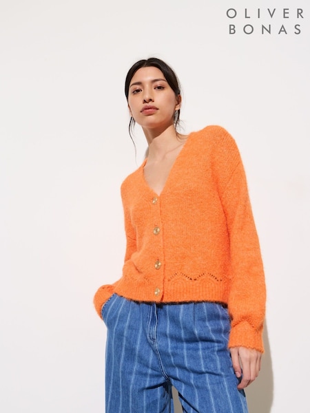 Oranžna - Oliver Bonas Pointelle V-Neck Knitted Cardigan (F55935) | € 79