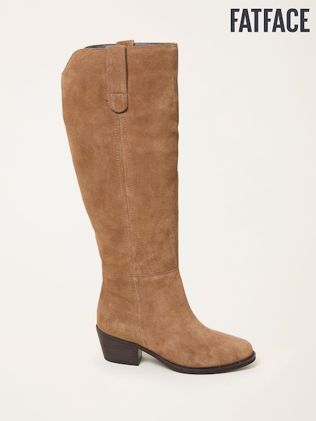 FatFace Tan Brown Suede Mid Heel Knee High Boot (F55985) | AED728