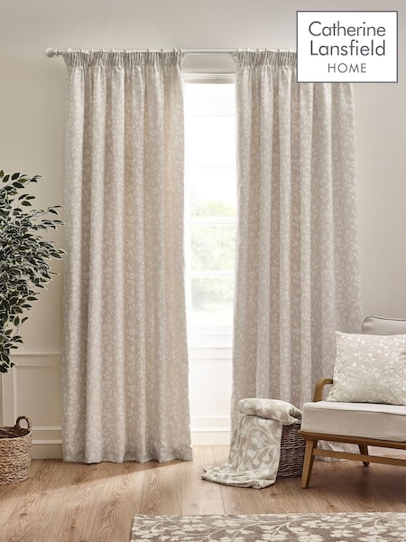 Catherine Lansfield Natural Brooke Floral Lined Pencil Pleat Curtains (F55997) | €37 - €66