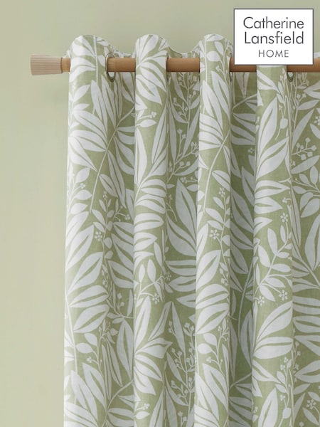 Catherine Lansfield Green Tilly Floral Print Fully Reversible Eyelet Two Lined Curtain Panels Curtains (F56046) | €79