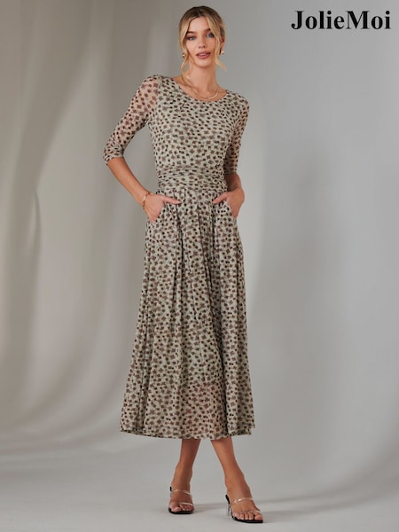Jolie Moi Green Bella Print 3/4 Sleeve Mesh Maxi Dress (F56320) | €113