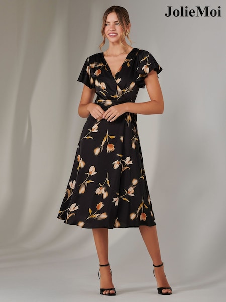 Jolie Moi Black Wrap Front Midi Dress (F56356) | ₪342