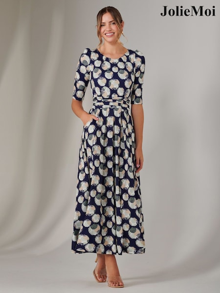 Jolie Moi Blue Enya 3/4 Sleeve Jersey Midaxi Dress (F56465) | 386 QAR