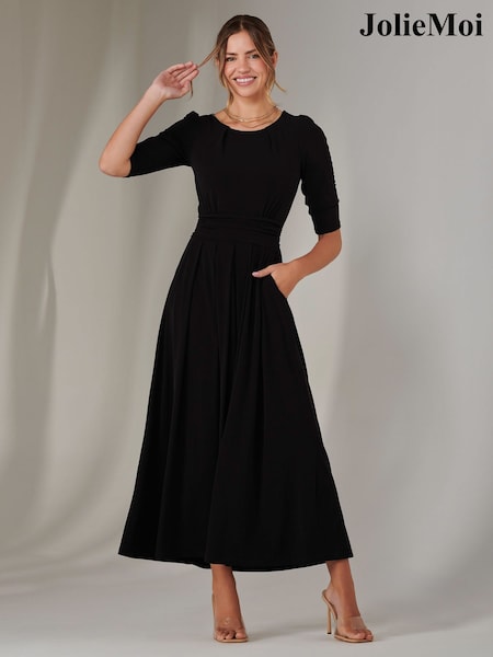 Jolie Moi Black Enya 3/4 Sleeve Jersey Midaxi Dress (F56472) | ₪392