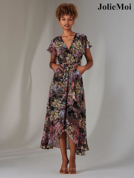 Jolie Moi Black / White Chiffon Print Frill Dip Hem Maxi Dress (F56473) | ₪377