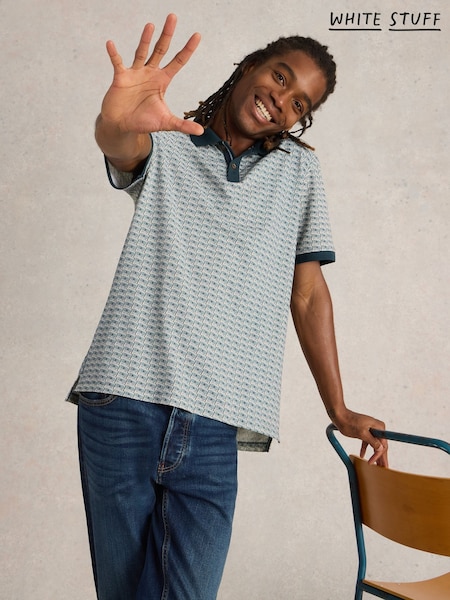 White Stuff Green 100% Cotton Casette Tape Printed Polo Shirt (F56478) | €54