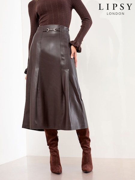 Lipsy Berry Red Faux Leather Box Pleat Midi Skirt (F56566) | €64