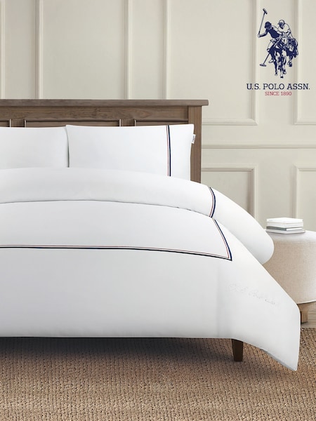 U.S. Polo Assn. Bright White Luxury Cotton Brand Stripe Duvet Set (F56838) | €138 - €211