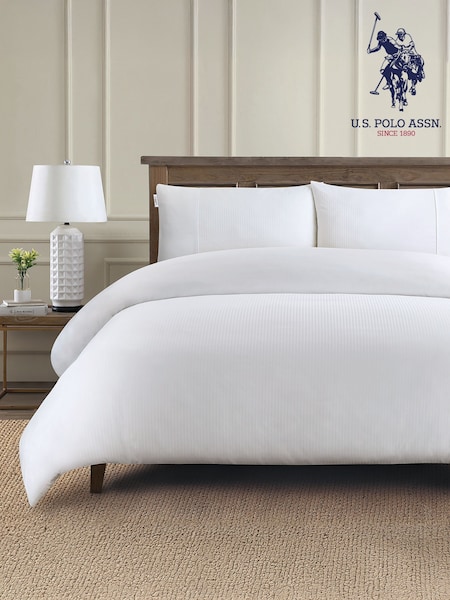 U.S. Polo Assn. Bright White Pure Cotton Dobby Stripe Duvet Set (F56870) | €139 - €212