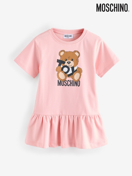 Moschino Pink Logo Jersey Short Sleeve Dress With Peplum Hem (F56921) | AED495 - AED547