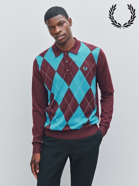 Fred Perry Red Argyle Long Sleeve Knitted Shirt (F56977) | €205